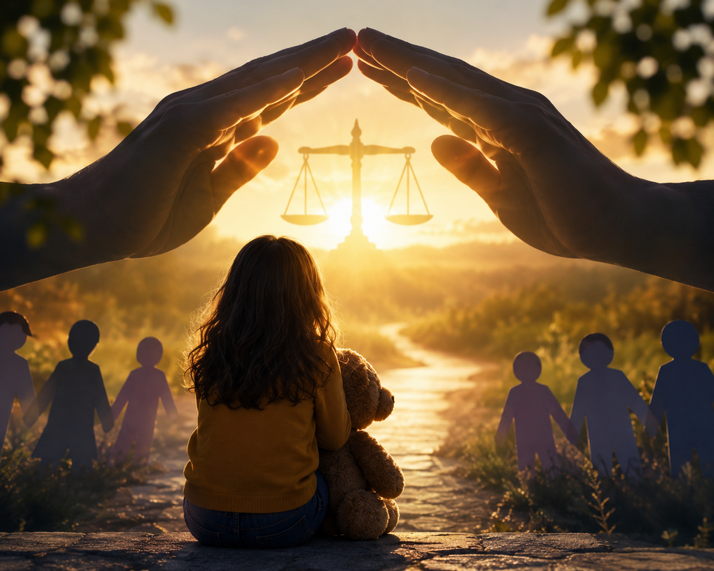 Protective hands sheltering a child holding a teddy bear, representing child advocacy, safety, emotional support, and dedicated protection for vulnerable children.