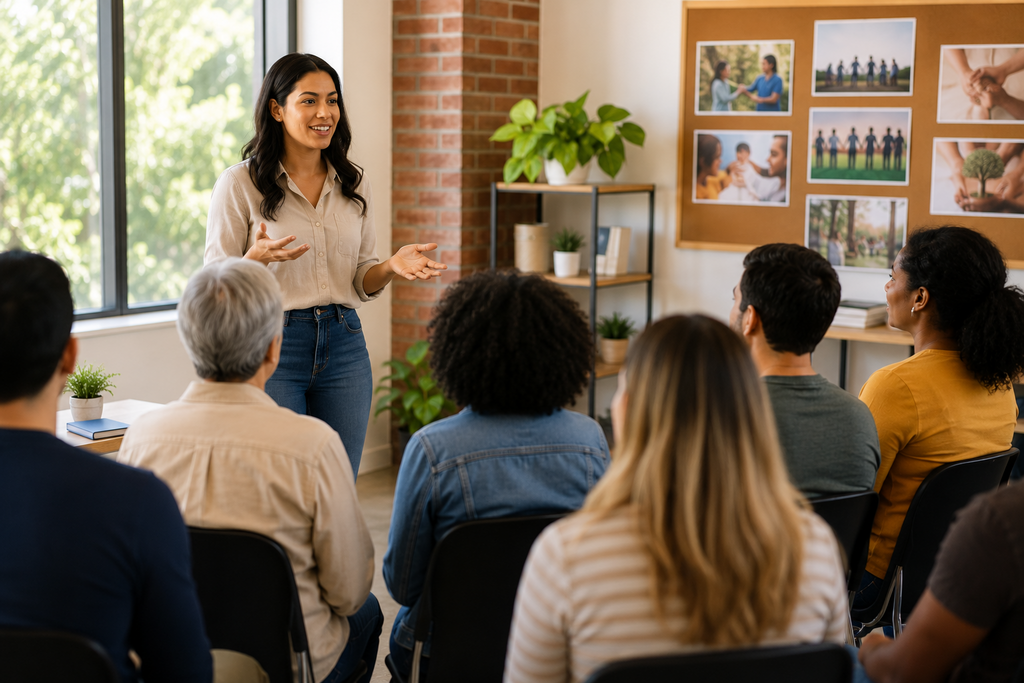 Community educator leading an interactive workshop on child safety, prevention, and family awareness for a diverse group of community members in a welcoming learning environment.